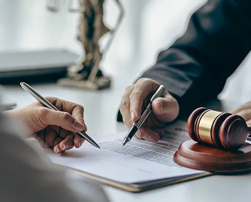 Business lawyers working on law in a courtroom help clients read